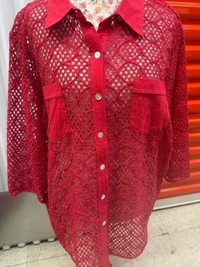 Susan Graver Red Crochet Openwork Button-Up